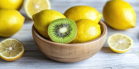 Poster - kiwi in a wooden bowl with lemons on a white wooden background. copy space.