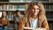 ©  Shomixer - A young woman with curly hair, wearing a casual outfit, reads a book intently in a library environment, conveying focus, curiosity, and a love for literature.