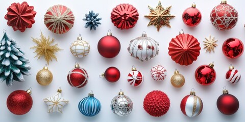 Poster - Collection of different Christmas decorations on a white background. Top view, flat lay, copyspace.