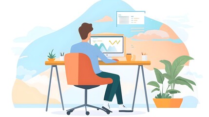 Poster - Man Working on Computer with Data Analytics Chart