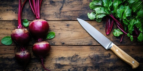 Aufkleber - Red beetroot with green herbage leaves and a kitchen knife on a wooden background.