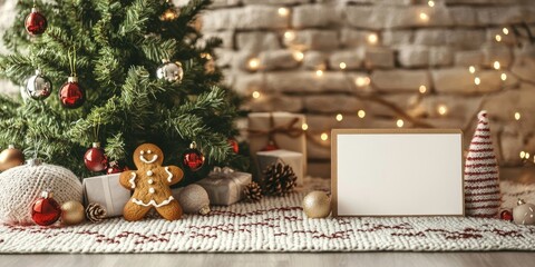 Poster - Christmas backdrop featuring a Christmas tree and gingerbread alongside a blank postcard. A gift knitted by grandmother.