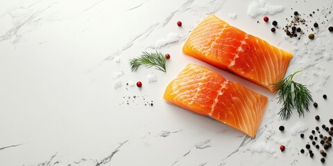 Poster - An overhead image of two salmon slices on a white surface, featuring space for text, accompanied by salt, pepper, and dill sprigs.