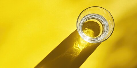 Poster - Long shadows cast by a water glass on a yellow background with copyspace. Top view.