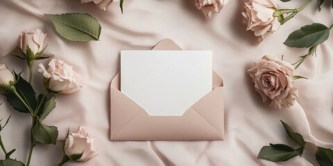 Poster - Envelope with a blank card and flowers on a light backdrop.