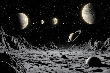 Sticker - A black and white space illustration showing multiple planets, moons, and rings, with a cratered surface in the foreground and a starry sky.