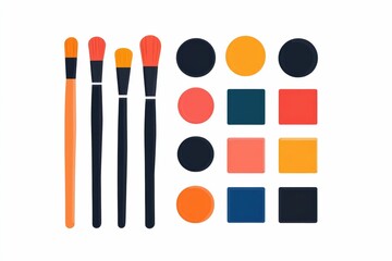 Poster - Minimalist icon featuring a paint palette  paintbrush  and set of acrylic paint tubes in a clean  flat graphic design style  isolated on a pure white background  Ideal for use in art  design