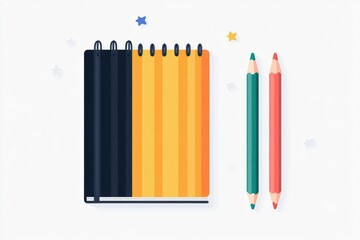 Poster - of a sketchbook colored markers and pencils in a clean modern and minimal style isolated on a white background  This icon represents the essential tools and materials for creative drawing sketching