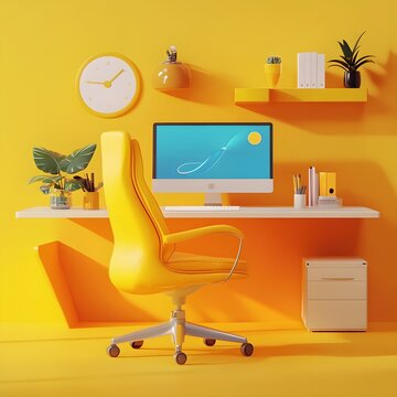 Yellow Office Desk with Computer and Chair