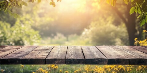 Poster - An empty wooden countertop set against a hazy natural backdrop. Spring and summer scene. Bokeh effect. A bright day. Copyspace.