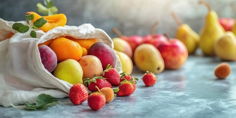 Fresh fruits in an eco cotton bag on a kitchen table, including apples, pears, apricots, and strawberries, embodying the zero waste trading concept. Ban plastic. Copy space.