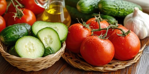 Poster - Tomatoes, cucumbers, and avocado on the table and in a basket, along with olive oil, balsamic vinegar, garlic, vegetables, vegetarianism, and healthy eating.