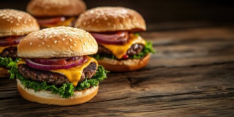 Poster - Cheeseburgers on a wooden table with copyspace captured in a studio.