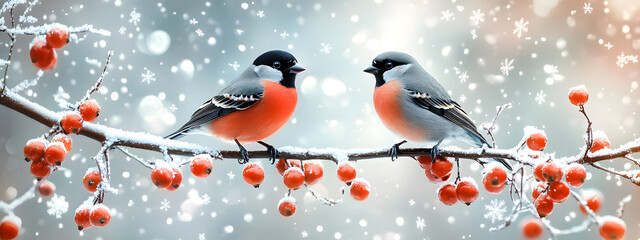 Wall Mural - Bullfinches perched on a snow-covered rowan branch, surrounded by red berries and falling snowflakes, capturing the serene beauty of winter. Winter christmas background