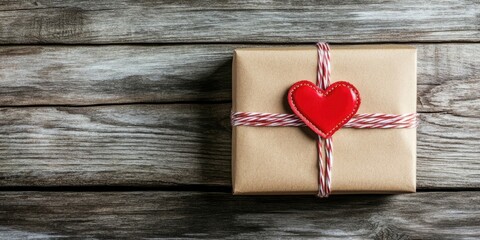 Aufkleber - Top view of a gift-wrapped box. The stylish gift box is showcased on a weathered wooden surface. A symbol of Valentine's Day.