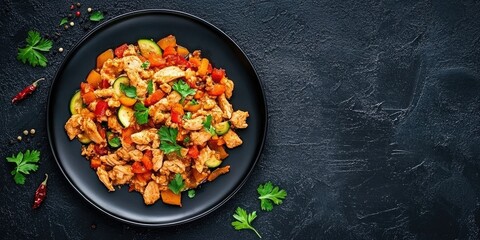 Poster - Minced meat from stewed chicken with zucchini, pepper, and spices on a black plate. copy space.