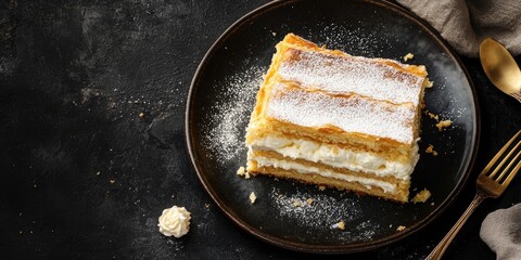 Aufkleber - Portion of classic Napoleon cake seen from above. Traditional millefeuille dessert featuring puff pastry and custard, a delicacy from Russian cuisine, copy space.