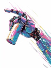 Poster - Robotic hand holding a spray can creating a striking cyberpunk inspired graffiti fusion with vibrant neon streaks against a clean white background