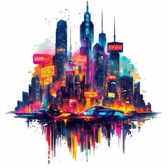 Poster - Vibrant futuristic cityscape featuring a bold neon lit skyline with skyscrapers graffiti inspired elements and a captivating mix of bright saturated colors