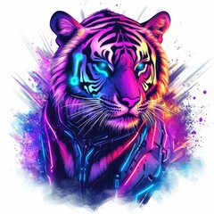 Poster - Neon Robotic Tiger with Graffiti Inspired Bold and Vibrant Digital Art  Powerful fierce and captivating digital of a tiger with futuristic techno infused features in a striking eye catching style