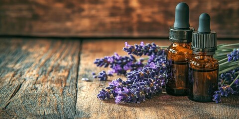 Poster - Bottles of essential oil alongside lavender flowers on a wooden table. Room for text.