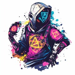 Poster - Graffiti with Robotic Arms Spray Painting Neon Symbols on Isolated Background  Bold Colorful and Futuristic Digital of a Cyberpunk Inspired Character Expressing Creativity Through Street Art