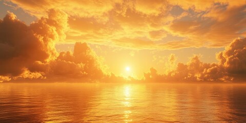 Poster - Sun setting into the sea. A stunning golden sunset over the ocean with fluffy clouds in the sky.