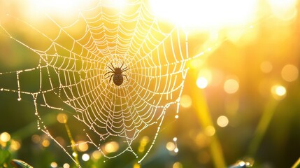 Wall Mural - Close-up of a spider web in a meadow during sunrise