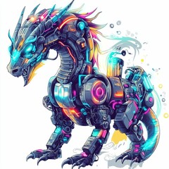 Poster - Striking Futuristic Robotic Dragon with Vibrant Neon Lights in a Graffiti Inspired Digital a Captivating Fusion of Technology and Fantasy