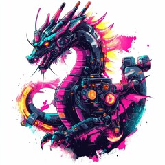 Poster - Futuristic Robotic Dragon with Neon Lights Graffiti Style for Dynamic T Shirt Design  Isolated on White Background
