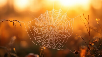 Wall Mural - Close-up of a spider web in a meadow during sunrise