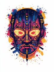 Poster - This digital showcases a neon lit mask with graffiti inspired elements and bold  intense colors  The striking design combines futuristic and urban aesthetics