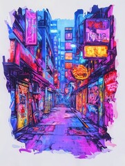 Poster - A dynamic and futuristic cyberpunk inspired street scene featuring a vibrant alleyway filled with neon lights  graffiti covered walls  and a captivating urban cityscape in the background