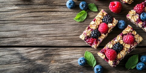 Canvas Print - Crumpled berry and oatmeal bars on a rustic wooden background, copyspace.