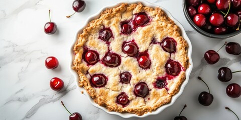 Poster - Homemade Cherry Cobbler on a White Marble Countertop with Fresh Cherries Scatter on the Surface