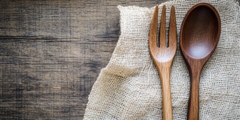 Poster - wooden fork and spoon with fabric on a table