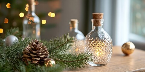 Poster - Christmas branch and small decorated bottles in the background