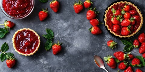 Poster - Homemade strawberry dishes - jam, marmalade, confiture, and pie with fresh strawberries on a grey cement and wooden background, copy space.