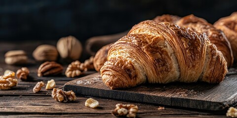 Poster - walnut croissant, homemade bakery, wooden table, dark background