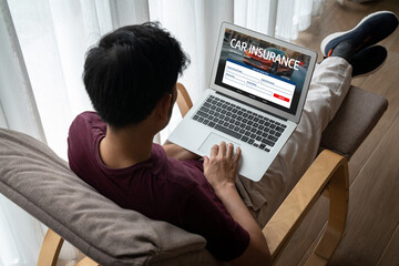 Poster - car insurance online website on computer screen for insure your car damage snugly
