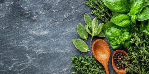 Poster - herbs with a wooden spoon on a gray slate background