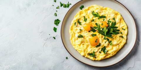 Poster - Omelet and scrambled eggs on a plate against a white stone background with copy space. Top view, flat lay.