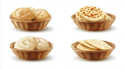 Wall Mural - Collection 4 set of basket of bread bun. English Muffin, Crumpet griddle, Pita Pitta, Tortilla flatbread on white background 