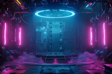 gaming background abstract wallpaper, cyberpunk style scifi game, neon glow of stage scene in pedestal room, 3d illustration rendering