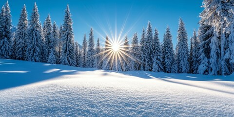 Poster - Sun shining through snow-covered pines