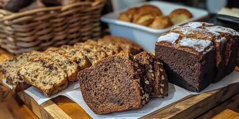 Poster - Homemade cakes and chunks of grain rye bread.