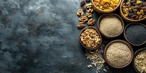 Aufkleber - Ukrainian kutia ingredients placed in bowls: wheat, raisins, poppy seeds, walnuts, and dried apples. Top view. Copy space.