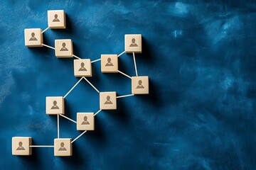 Company hierarchical organizational chart of wooden cubes on blue background. Human resources management and business concept 