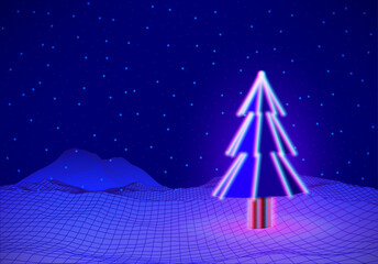 Poster - Christmas tree with neon lights on blue 3D landscape, with copy space. Winter holidays greeting card, 80s club neon style