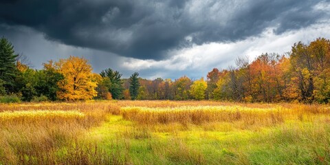 Aufkleber - Grassy meadow featuring a patch of goldenrod and trees displaying autumn leaves in the background. Storm clouds overhead.